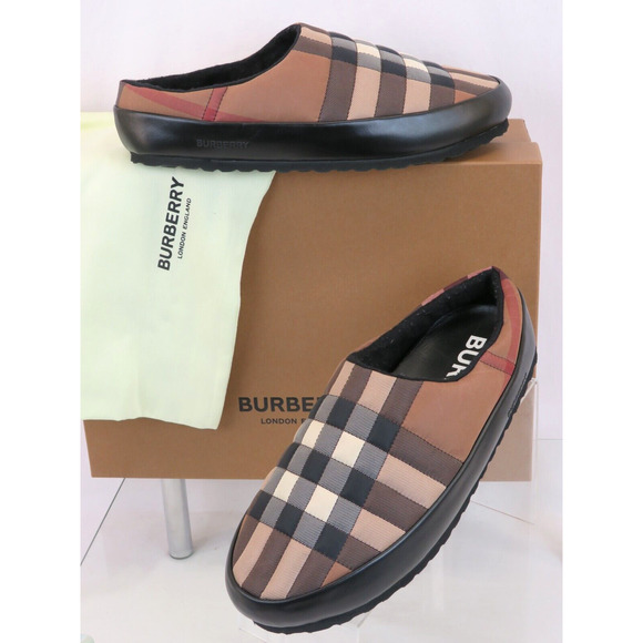 $620 BURBERRY NORTHAVEN BROWN QUILTED CHECK BLACK LEATHER LOGO SLIPPERS 44 US 11 - Picture 1 of 14